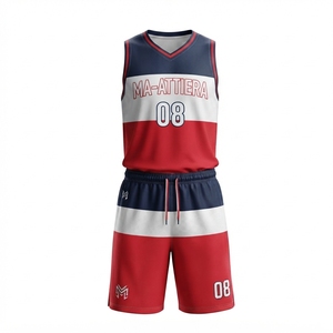 Ensemble de maillot et short de basket-ball personnalisé, couleurs bleu marine, blanc et rouge, respirant, en mesh, uniforme sportif - Product Image 3