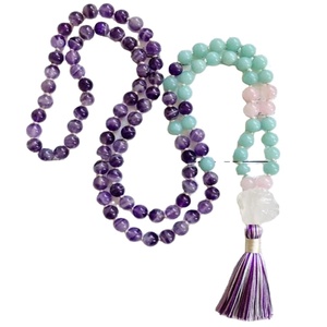 Collier Mala en perles d'aquamarine naturelle de 8 mm en forme de boule, 108 perles, plaqué or jaune et rhodium, cadeau de yoga finement perlé - Product Image 1