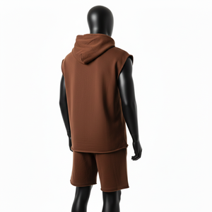 Ensemble short et sweat à capuche sans manches 100 % coton pour homme, en molleton de coton épais, marron, avec bords bruts et logo brodé - Product Image 5