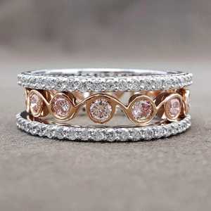 Pink Round Cut Moissanite Full Eternity Three Band <b>Ring</b> Set 925 Silver Fine <b>Proposal</b> Gift For Engagement Wedding Charms - Product Image 3