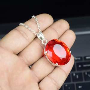 จี้แซฟไฟร์สีส้มทำมือ รูปไข่ เงินแท้ 925 ประดับอัญมณี เครื่องประดับวินเทจสำหรับผู้หญิง - Product Image 5