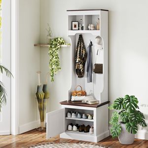 Arredo Casa: Mobile ingresso 3-in-1 bianco effetto legno con scarpiera, appendiabiti, panca e 5 ganci - Product Image 2
