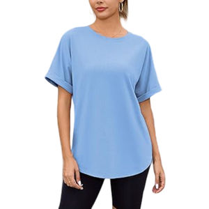 Camisetas de Manga Corta y Cuello Redondo Azul Claro para Mujer, Moda de Verano, Estilo Casual, Personalizadas con Logotipo Impreso en Lienzo - Product Image 1