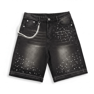 Men's Summer Casual Denim Shorts Solid Color Washed Rhinestone <b>Embellishment</b> Custom Logo Loose Fit Elastic Waist Latest Design - Product Image 1
