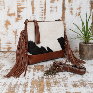 Cowhide Leather Fringe Crossbody <b>Bag</b> Western <b>Boho</b> Shoulder Purse With Tassel Strap And Brown Leather Trim - Product Image 2