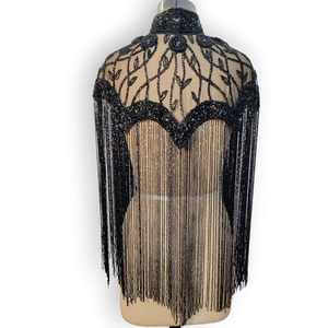Cape à franges noire perlée pour spectacle, boléro scintillant à pompons pour costume de danse, écharpe d'épaule pour showgirl, vente en gros - Product Image 4