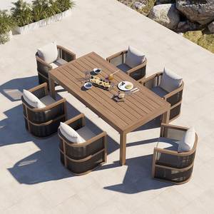 Commercial Outdoor <b>Dining</b> Set Teak Wood <b>Table</b> and Woven Chairs for Resort Villa Hotel and Hospitality Projects - Product Image 1