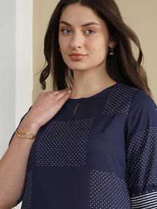 Navy Blue Dot Pattern Three Quarter Sleeve Midi <b>Dress</b> Crew Neck Loose Fit Woven <b>Viscose</b> Casual Daily Wear Straight Hem Beautiful - Product Image 1