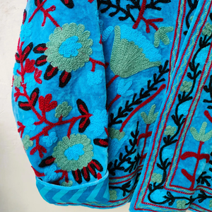 Handcrafted Breathable Eco-Friendly Blue Velvet Quilted <b>Jacket</b> Heritage Floral Embroidery <b>Mandarin</b> <b>Collar</b> Ultra-Soft Luxurious - Product Image 5