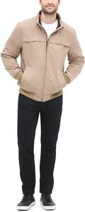 <b>Men's</b> <b>Khaki</b> Bomber Jacket Stand Collar Zipper Closure Windproof Casual Autumn Wear Polyester Cotton Blend Regular Fit - Product Image 2