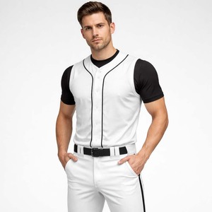 Wholesale Custom Men's Sleeveless Baseball Uniform Set White Button <b>Down</b> Jersey Vest and <b>Pants</b> with Black Piping - Product Image 3