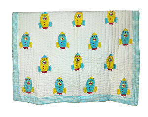 Manta de Algodón Acolchada con Diseño de Cohete de Dibujos Animados, Borde a Rayas Azul y Amarillo, para Uso en el Hogar Durante Todo el Año - Product Image 3