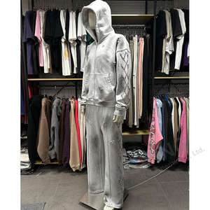 Conjunto de Sudadera Ligera de Algodón 100% con Logotipo Bordado, Estilo Vintage de Invierno, Lavado Desgastado, Streetwear con Pedrería - Product Image 2