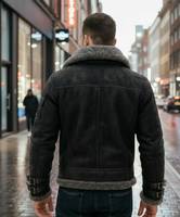 Veste d'aviateur en cuir noir pour homme, doublée de fourrure, fermeture éclair sur le devant, manteau chaud d'hiver