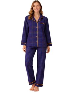 Ensemble de pyjama pour femmes personnalisé à carreaux bleus et jaunes, manches longues, boutonné, vêtements de nuit en coton doux, ensemble de détente deux pièces - Product Image 2