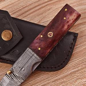 Couteau pliant artisanal en acier Damas, manche en os teinté, pointe clip, qualité industrielle, usage quotidien, avec bouton de pouce, liner. - Product Image 3