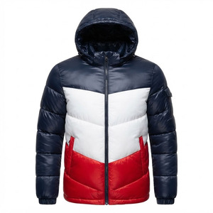 Veste matelassée à capuche pour homme, personnalisée, de qualité supérieure, à blocs de couleur, bleu marine, blanc, rouge, chaude, épaisse, isolée, pour l'hiver, parka d'extérieur coupe-vent - Product Image 1