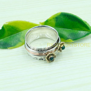 Natural Green Onyx <b>Spinner</b> Ring | 925 Sterling Silver Handmade Hammered <b>Fidget</b> Ring with Brass & Copper | Thumb Ring Jewelry - Product Image 6
