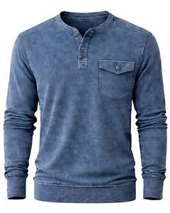 Sudadera Henley de Manga Larga para Hombre, Lavado Ácido, Azul Denim, Estilo Casual con Botones y Bolsillos, Prenda de Invierno, Algodón, Corte Ajustado - Product Image 1