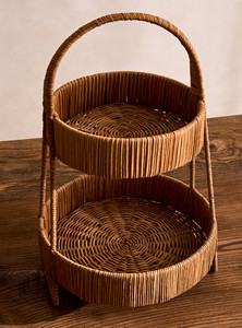 Handwoven Rattan Two Tier Serving Tray Cake Stand Dessert <b>Display</b> Stand Wicker Food Tray Rustic Kitchen Decor Organizer - Product Image 6