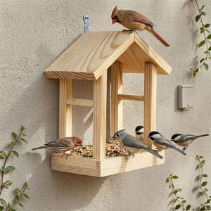 Wooden <b>Bird</b> <b>Feeder</b> Outdoor Hanging Garden <b>Bird</b> <b>Feeder</b> Station Natural Wood <b>Bird</b> Feeding House with Seed <b>Tray</b> and Roof - Product Image 4