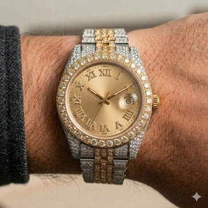 Gold and silver <b>diamond</b> wristwatch with ornate bezel sparkling dial roman numeral markers date display elegant craftsmanship - Product Image 5