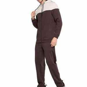 Ensemble de survêtement marron pour femme, sweat-shirt à capuche avec fermeture éclair et pantalon avec logo blanc imprimé, couleur unie, style sportif, longueur intégrale - Product Image 2