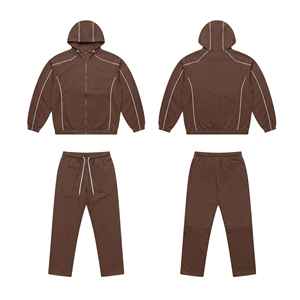 Conjunto Deportivo Unisex con Capucha Marrón, Cierre Completo, Bolsillos Laterales, Color Sólido, Ropa Deportiva Informal para Otoño, Corte Regular - Product Image 1