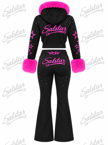 Women’s Black Velour <b>Tracksuit</b> <b>Set</b> with <b>Pink</b> Fur Hood, Rhinestone Star Design & Flared Pants – Custom Logo Fashion Jogger <b>Set</b> - Product Image 2