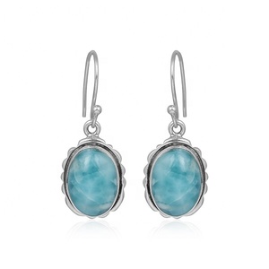 Natural Larimar Oval Drop <b>Dangle</b> <b>Earrings</b> 925 Sterling <b>Silver</b> Handmade Gemstone Drop Bezel Set <b>Earrings</b> for Women - Product Image 1