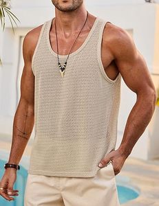 เสื้อกล้ามถักแขนกุดสำหรับผู้ชาย คอกลม สีพื้น ระบายอากาศได้ดี สวมใส่สบาย สีเบจ - Product Image 1