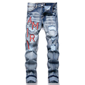 Jeans slim vintage déchirés de haute qualité pour hommes, pantalon bleu pour hommes, jeans en denim délavé - Product Image 1