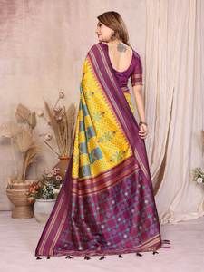 Sari en soie tissée de luxe – Motif Ikkat classique avec bordure Zari – Collection festive 6,3 mètres - Product Image 4
