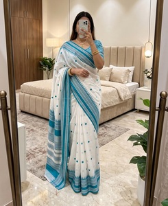 Sari Banarasi Imprimé Blanc et Bleu pour Femme, Tenue Traditionnelle Décontractée, Longueur Standard, Sans Plis, Style Ethnique Indien, Mode Leranath - Product Image 1