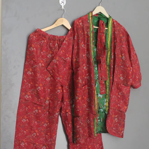 Ensemble pyjama kimono style sari en soie pour femme, vêtements de détente de luxe en satin, ensemble de nuit - Product Image 1