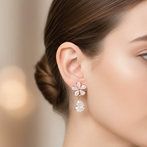 Boucles d'oreilles pendantes florales en or massif 10K 14K avec diamants de laboratoire étincelants pour filles et femmes, ensemble de boucles d'oreilles de mariée - Product Image 5