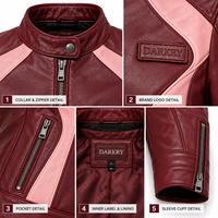 Blouson en cuir pour femme, bordeaux et rose contrastant, avec panneaux latéraux, col montant, fermeture éclair, coupe ajustée, style motard