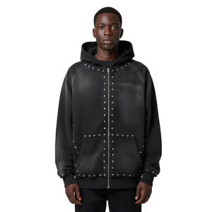 Mens Black Embroidered Studded Zip-Up Hoodie 100% Cotton Winter Streetwear Punk <b>Gothic</b> Full-Zip Sweatshirt <b>Jacket</b> - Product Image 1