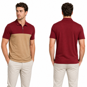 เสื้อโปโลผู้ชาย คอซิป แขนสั้น ทรงลำลอง สีทูโทน สีมารูนเบจ - Product Image 4