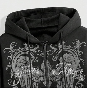 Sudadera con capucha de diamantes de imitación para hombre, corte holgado, manga acampanada, bolsillo lateral, cremallera, estilo urbano, venta al por mayor - Product Image 4