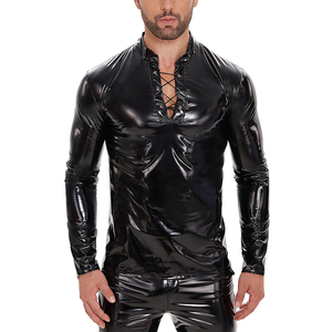 Camisa de Cuero Negra Brillante para Hombre con Detalle de Cordón, Corte Ajustado, Manga Larga, Estilo Moderno - Product Image 1