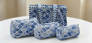 Le Souvenirs Blue Handcrafted Quilted Cotton <b>Tote</b> <b>Bag</b> Canvas Lining <b>Zipper</b> Closure Lightweight Design 3 Toiletry Pouches Travel - Product Image 4