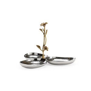 Luxury 3-Compartment Hammered Silver Relish Dish Decorative Triple Serving Bowl with Gold Flower Handle Elegant Metal Snack Bowl - Product Image 1