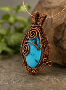 Pendentif unisexe fait main en alliage de métaux précieux Ha Gems, classique, en cuivre antique, enveloppé de fil, avec pierre précieuse turquoise de forme ovale - Product Image 3