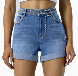 Shorts de Mezclilla para Mujer, Cintura Alta, con Pedrería, Lavado Azul, Cierre de Botones, Personalizados - Product Image 3