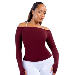 <b>Women</b> <b>Burgundy</b> Off Shoulder Long Sleeve Fitted <b>Top</b> Casual Slim Fit Fashion Activewear Daily Wear Wholesale Apparel Manufacturer - Product Image 4