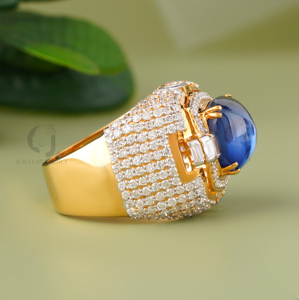 Art Deco Blue Sapphire <b>Ring</b> 18K Yellow Gold Lab Grown Diamond Side Stones VVS VS DEF Clarity Large CZ <b>Statement</b> <b>Ring</b> for Women - Product Image 2