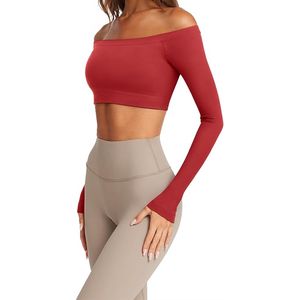Women Off The Shoulder Long Sleeve <b>Crop</b> <b>Top</b> Solid Color <b>Red</b> Yoga Activewear Seamless Fit Regular Style Full Sleeve - Product Image 4