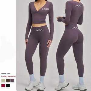 Women’s 2-Piece Yoga Set Deep V-Neck Long Sleeve Crop Top High-Waist <b>Seamless</b> <b>Leggings</b> Workout Activewear Suit - Product Image 1