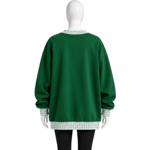 Sweat-shirt décontracté vert foncé pour homme, coupe ample, col et ourlet à carreaux vichy, manches longues, motif graphique, style streetwear - Product Image 2